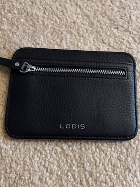 NWT Lodis Black Leather Zip Card Case with Silver Hardware